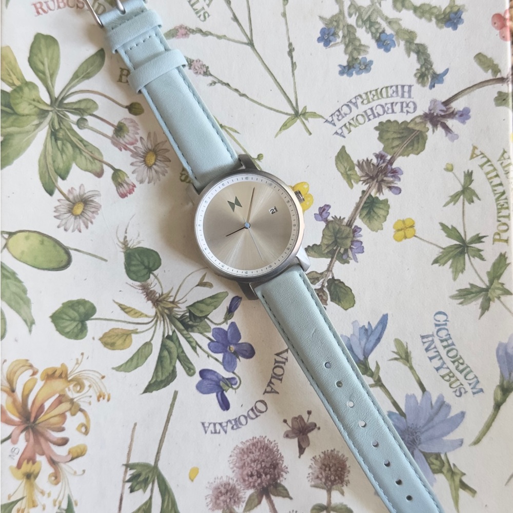 MVMT light blue leather watch with silver face